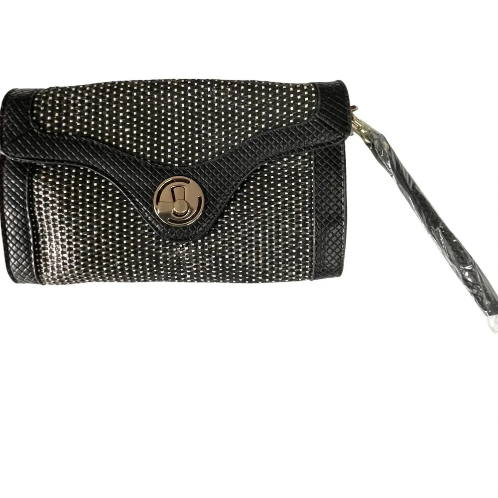 Urban Expressions Woven Vegan Black Leather and Straw Crossbody Wristlet Clutch